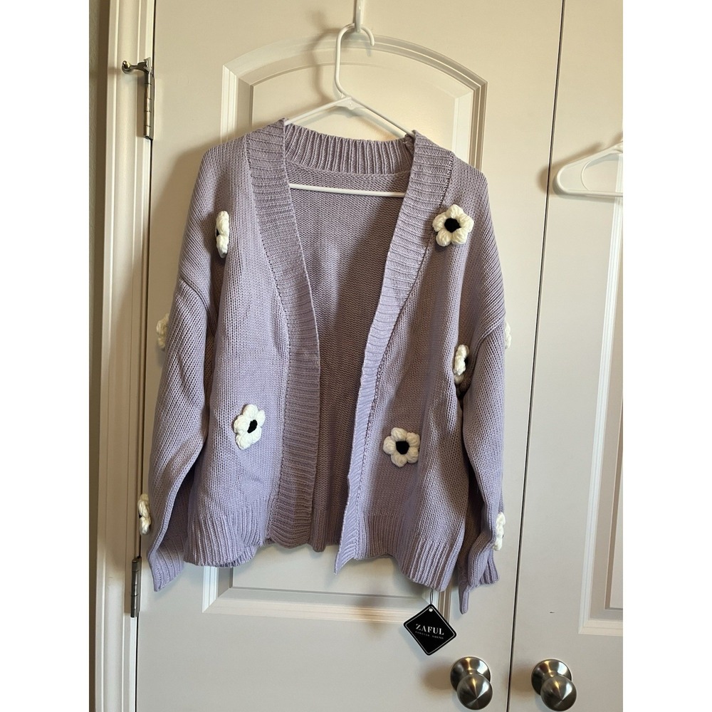 Zaful Knit Sweater Women Small Purple New With Imperfections Flower Cardigan